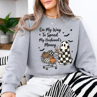 Funny Halloween Sweatshirt On My Way To Spend My Husbands Money Spooky Season Wife Women Retro