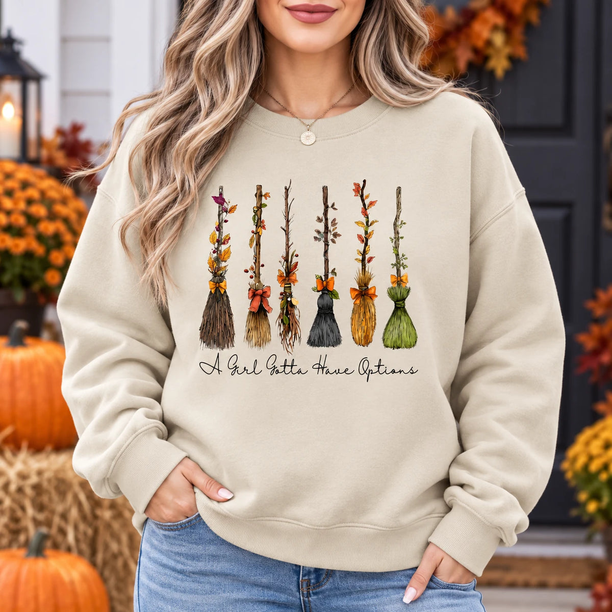 Funny Halloween Witch A Girl Gotta Have Options T-Shirt and Sweatshirt for Women Fall Broom Graphic