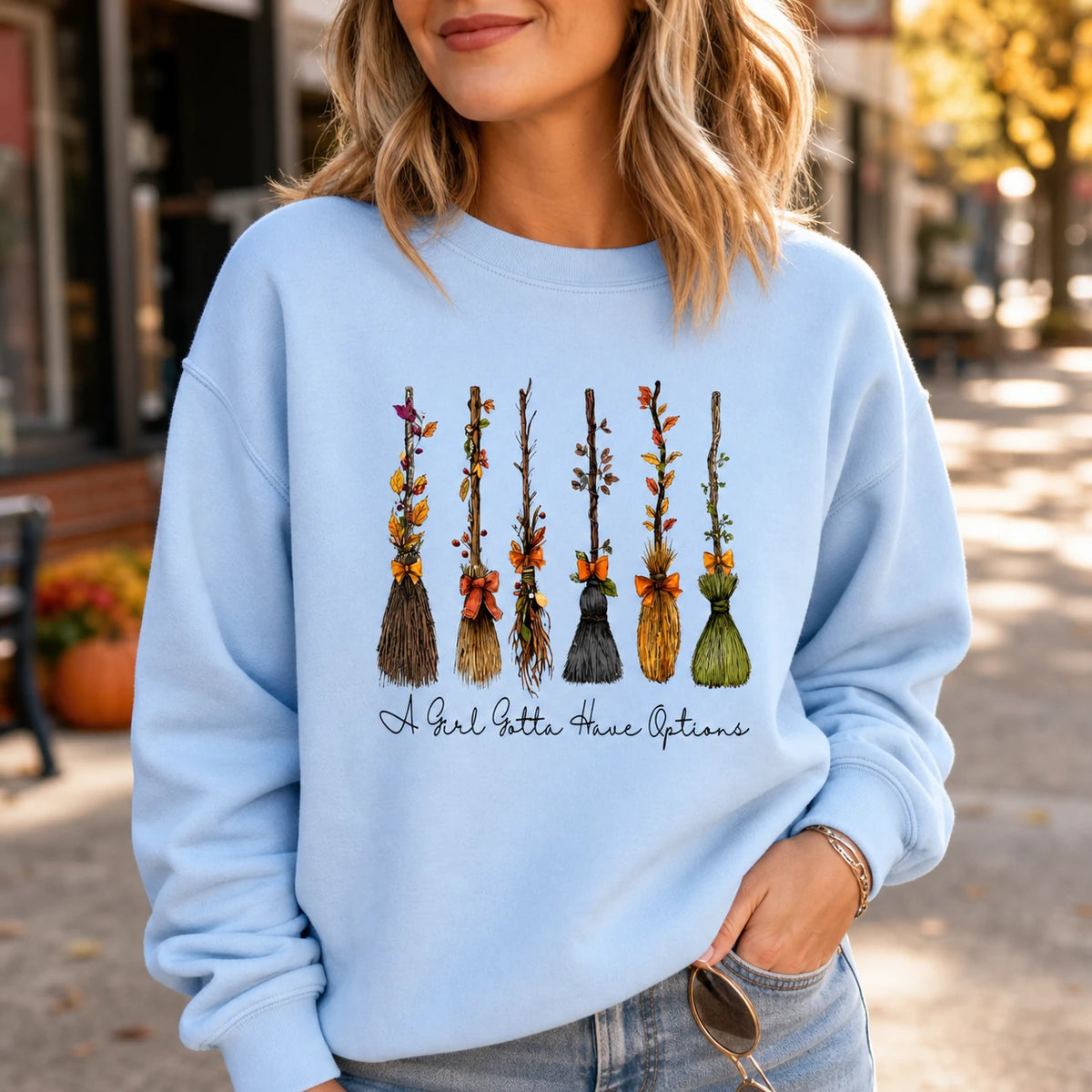 Funny Halloween Witch A Girl Gotta Have Options T-Shirt and Sweatshirt for Women Fall Broom Graphic