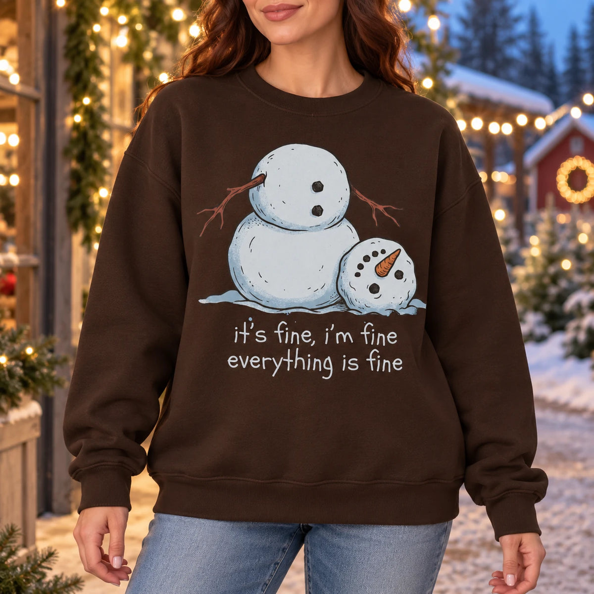 Funny Melting Snowman Sweatshirt for Women, It's Fine I'm Fine Everything Is Fine, Sarcastic Christmas Winter