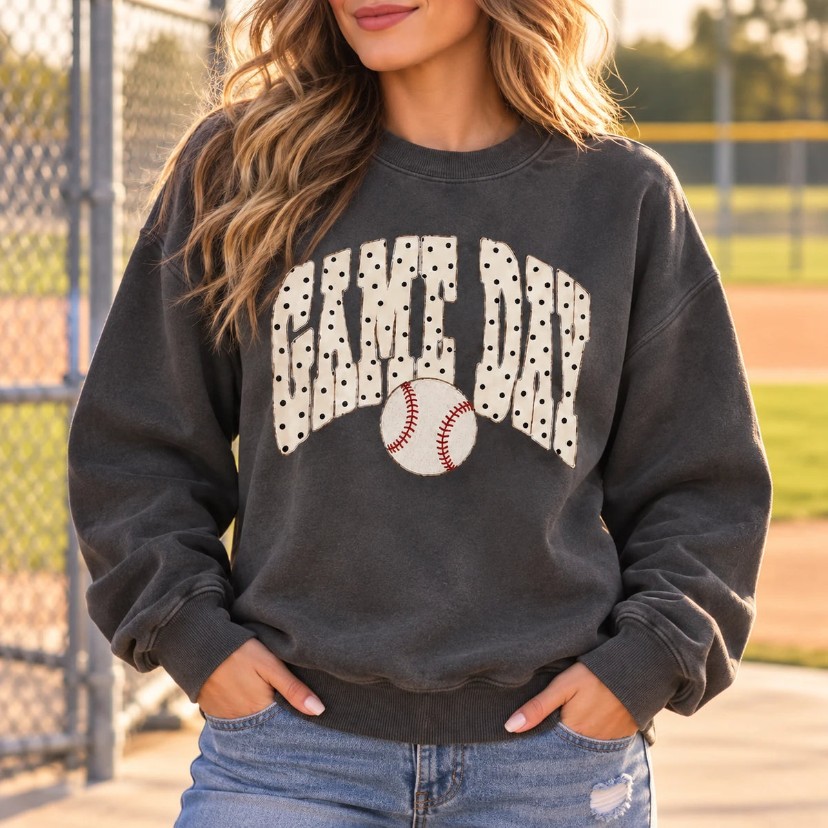 Game Day Baseball Sweatshirt for Women, Sports Mom Baseball Season with Cute Polka Dot Graphic