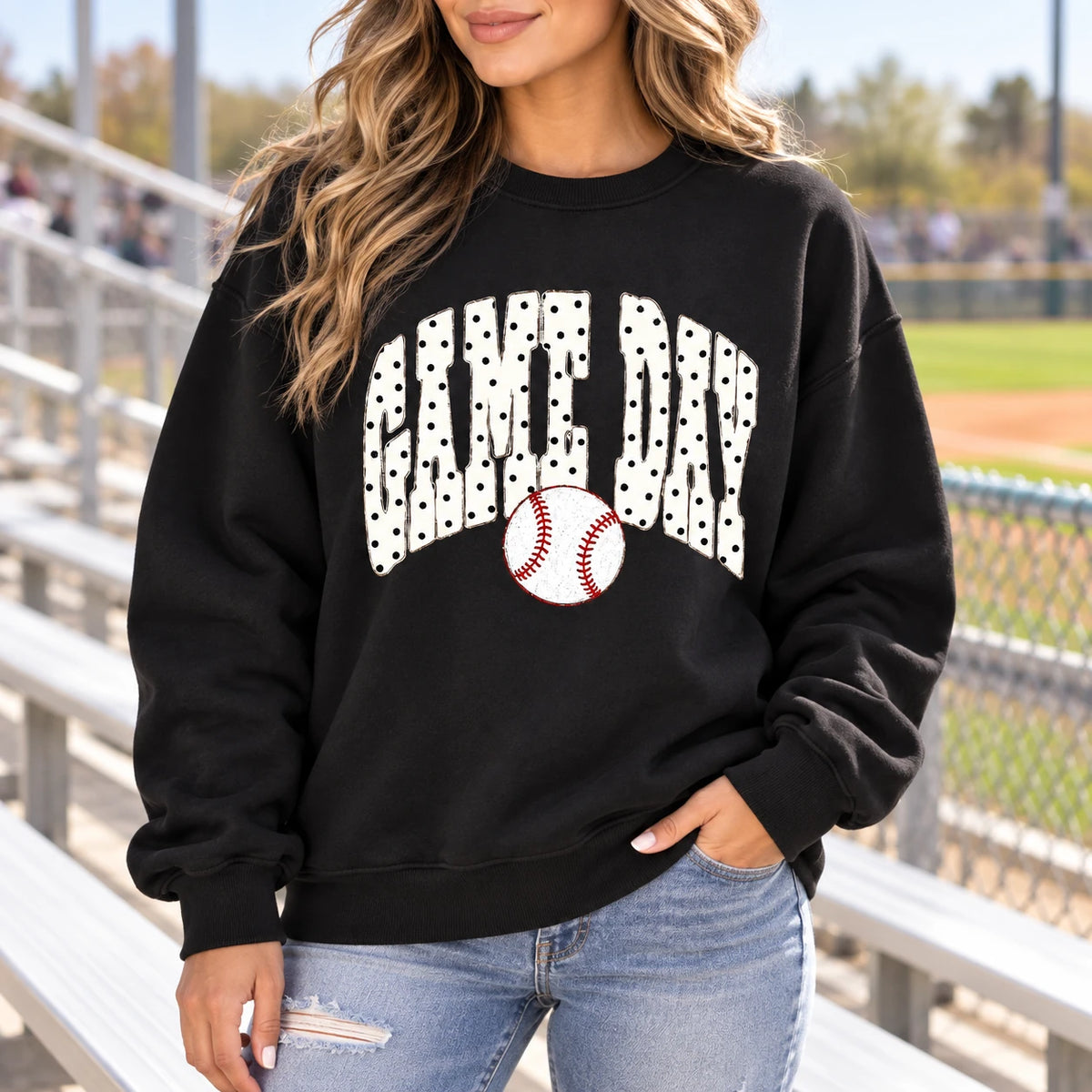 Game Day Baseball Sweatshirt for Women, Sports Mom Baseball Season with Cute Polka Dot Graphic