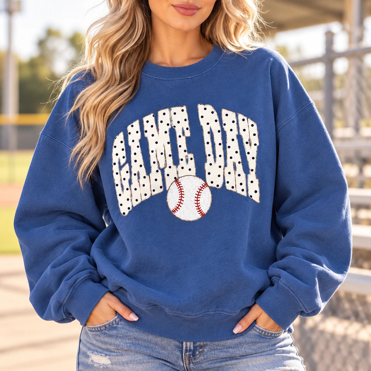Game Day Baseball Sweatshirt for Women, Sports Mom Baseball Season with Cute Polka Dot Graphic