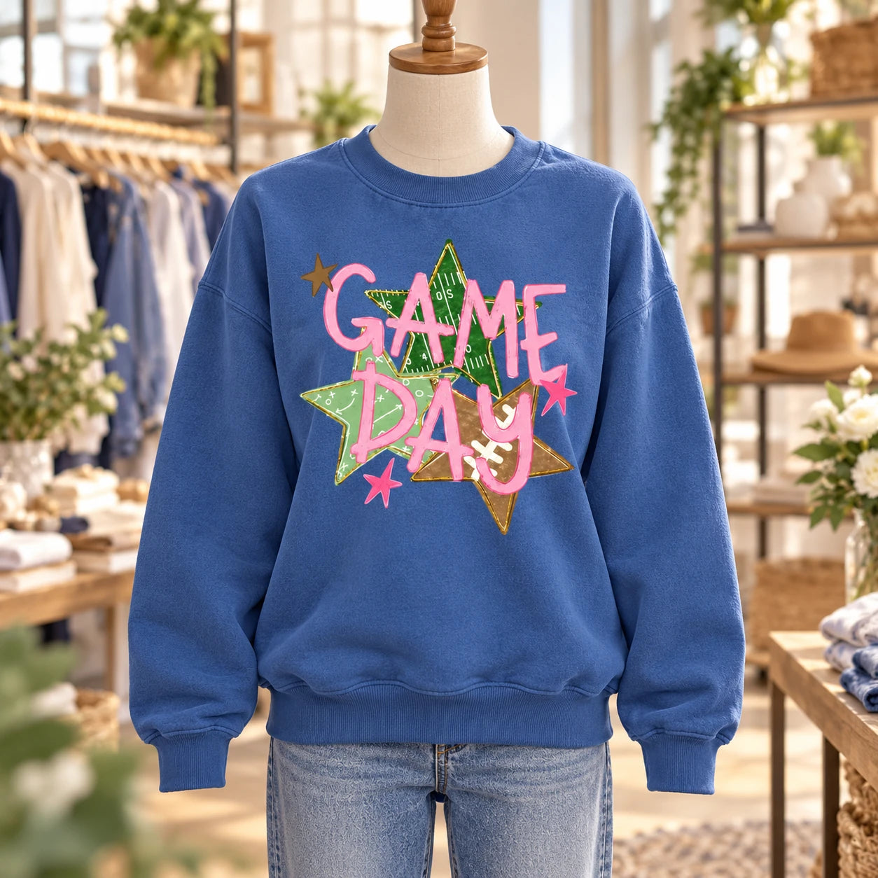 Game Day Football Sweatshirt, Pink Sports, Football Field Star Graphic, Cute Fall Tailgate for Women