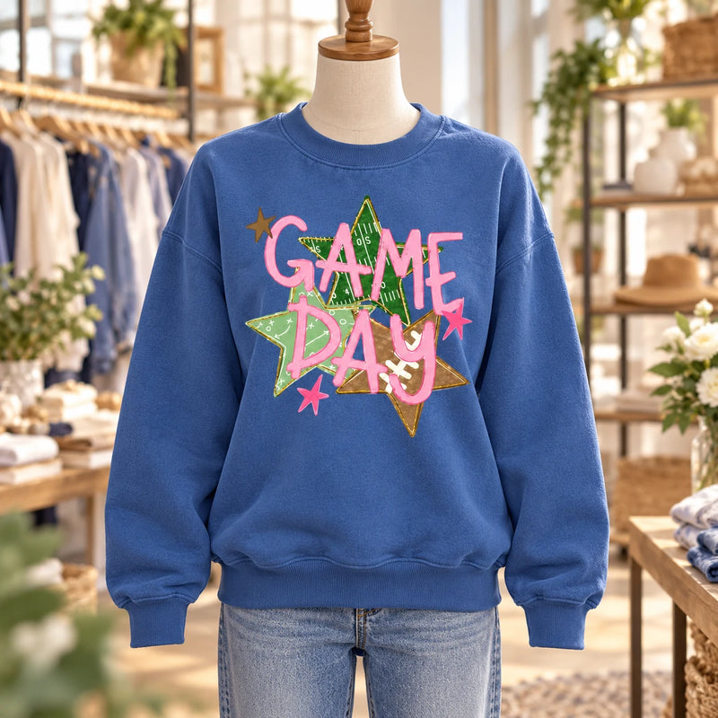 Game Day Football Sweatshirt, Pink Sports, Football Field Star Graphic, Cute Fall Tailgate for Women
