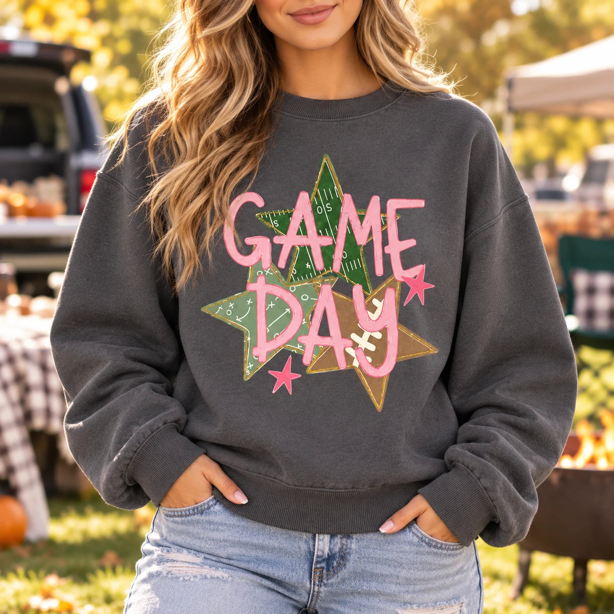 Game Day Football Sweatshirt, Pink Sports, Football Field Star Graphic, Cute Fall Tailgate for Women