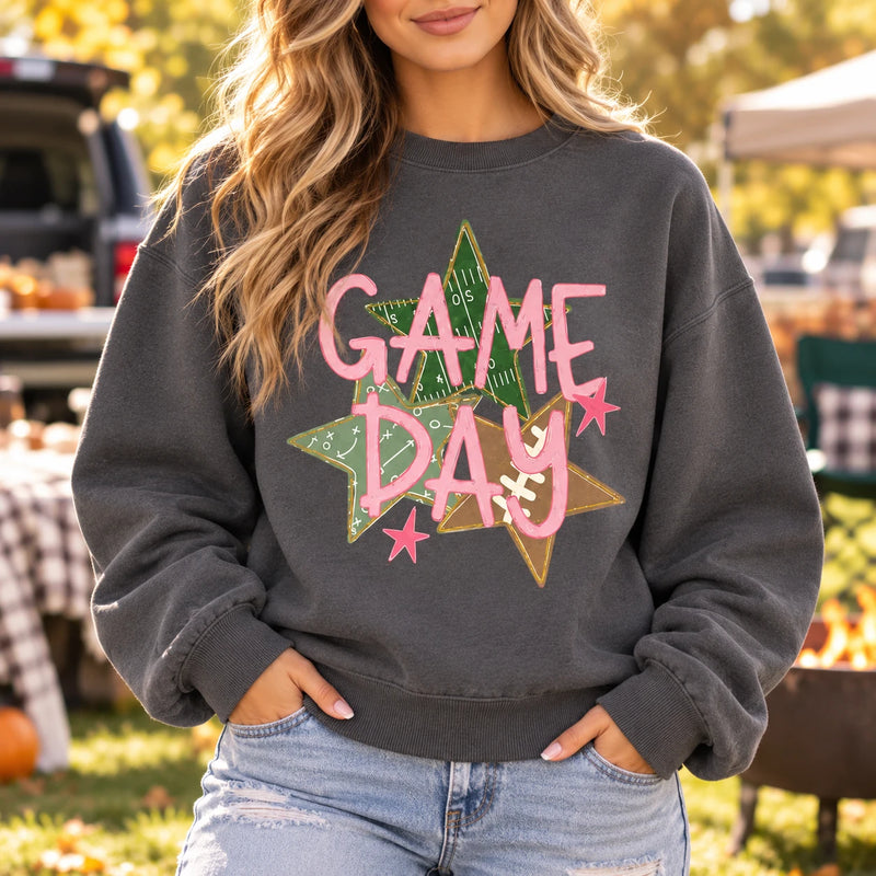 Game Day Football Sweatshirt, Pink Sports, Football Field Star Graphic, Cute Fall Tailgate for Women
