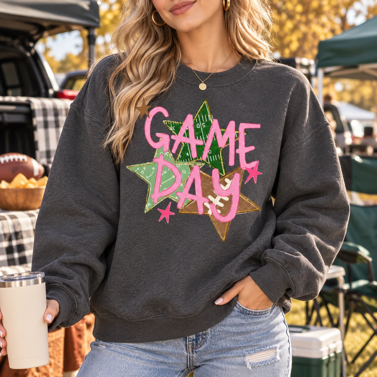 Game Day Football Sweatshirt, Pink Sports, Football Field Star Graphic, Cute Fall Tailgate for Women