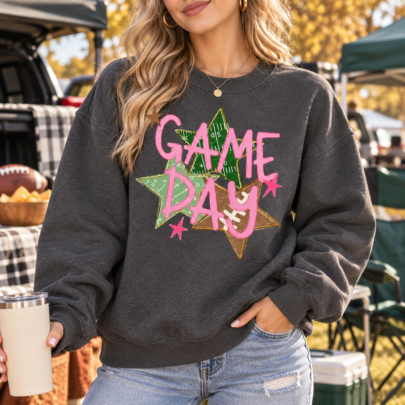 Game Day Football Sweatshirt, Pink Sports, Football Field Star Graphic, Cute Fall Tailgate for Women