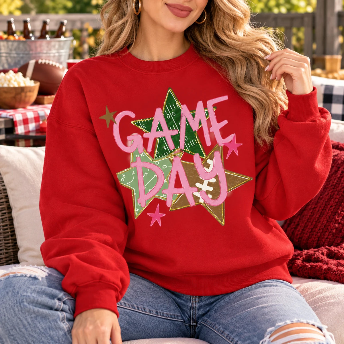 Game Day Football Sweatshirt, Pink Sports, Football Field Star Graphic, Cute Fall Tailgate for Women