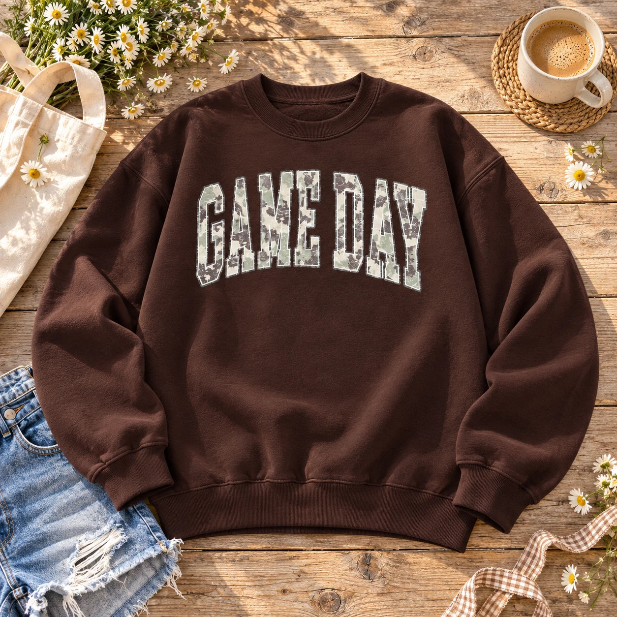 Game Day Sweatshirt Camo Football Vintage Distressed Sports for Tailgates Watch Parties Football Season