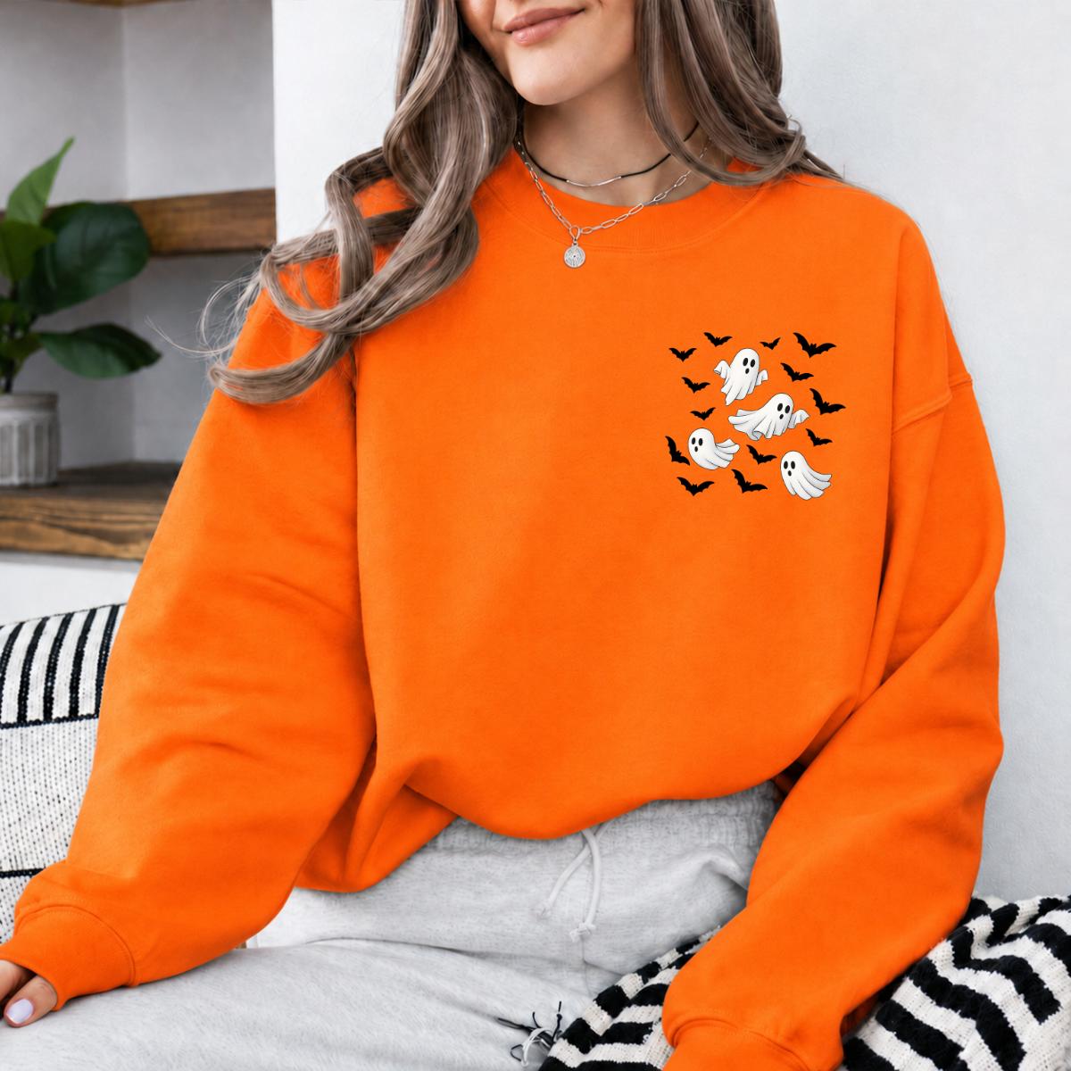 Ghost Pocket Flying Ghost Bats Sweatshirt and T-Shirt Halloween Fall Spooky Season Women Minimalist Cute Aesthetic