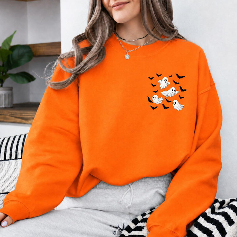 Ghost Pocket Flying Ghost Bats Sweatshirt and T-Shirt Halloween Fall Spooky Season Women Minimalist Cute Aesthetic