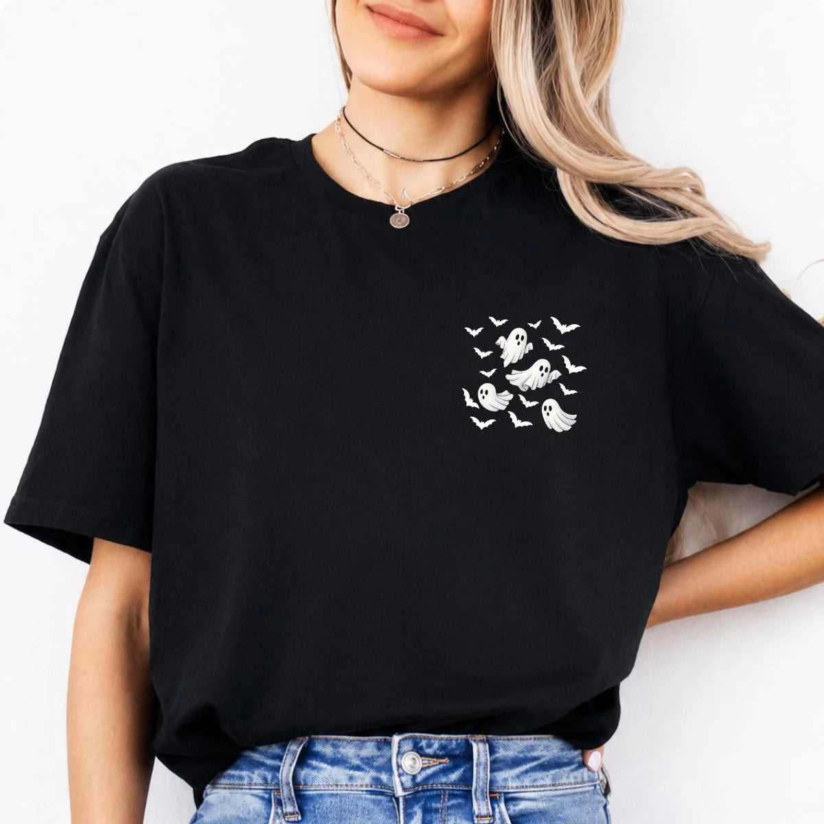 Ghost Pocket Flying Ghost Bats Sweatshirt and T-Shirt Halloween Fall Spooky Season Women Minimalist Cute Aesthetic