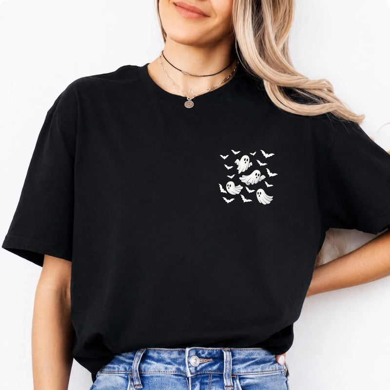 Ghost Pocket Flying Ghost Bats Sweatshirt and T-Shirt Halloween Fall Spooky Season Women Minimalist Cute Aesthetic