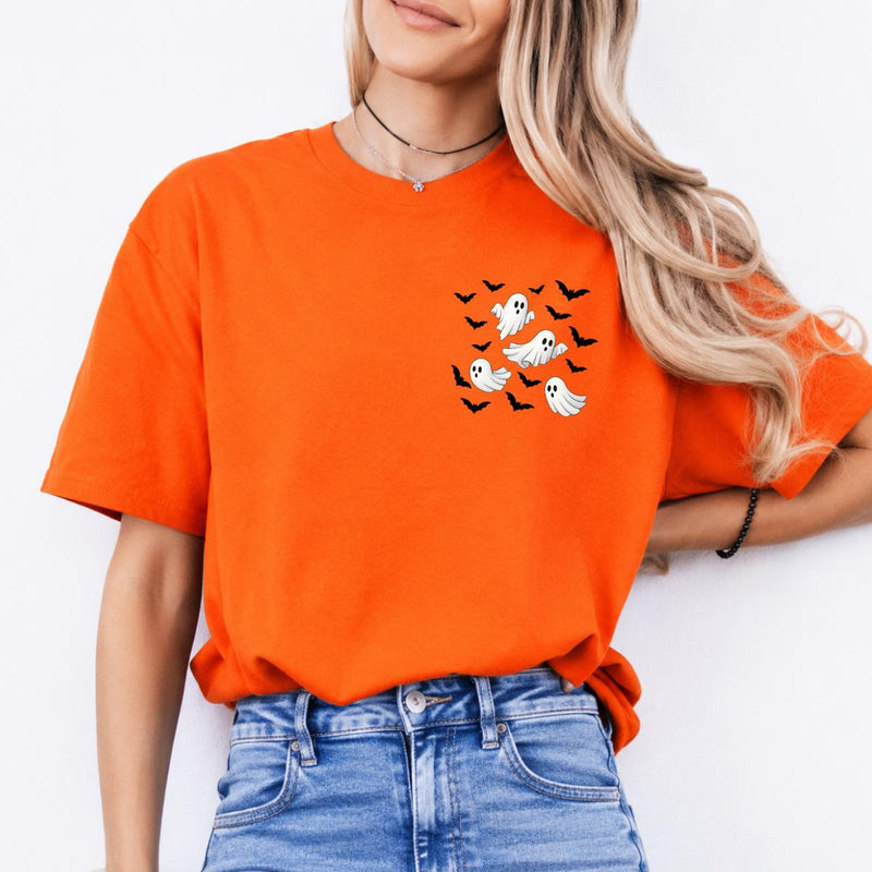Ghost Pocket Flying Ghost Bats Sweatshirt and T-Shirt Halloween Fall Spooky Season Women Minimalist Cute Aesthetic