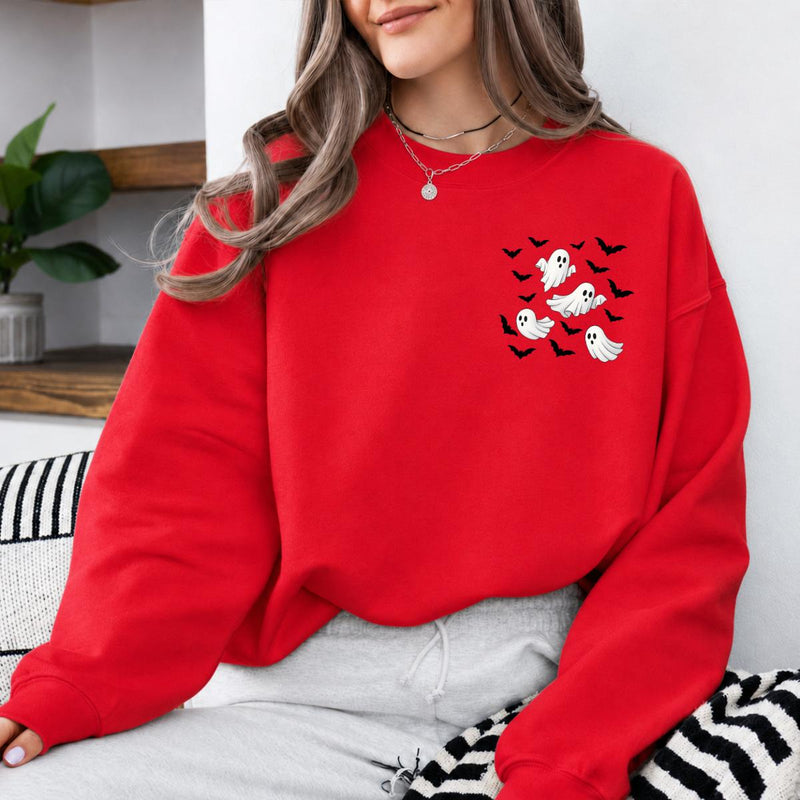 Ghost Pocket Flying Ghost Bats Sweatshirt and T-Shirt Halloween Fall Spooky Season Women Minimalist Cute Aesthetic