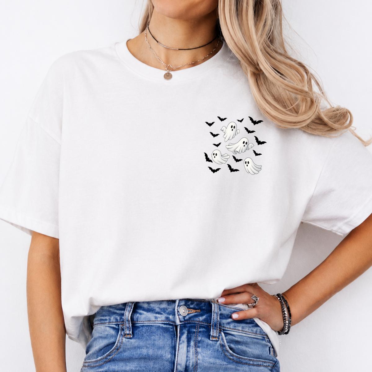 Ghost Pocket Flying Ghost Bats Sweatshirt and T-Shirt Halloween Fall Spooky Season Women Minimalist Cute Aesthetic