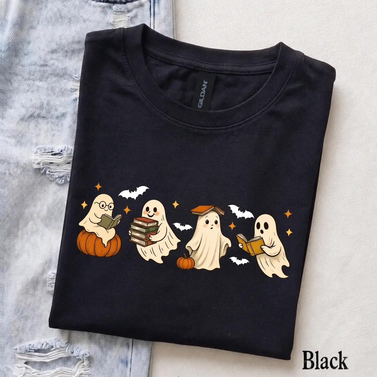 Ghost Reading Book T-Shirt Cute Ghost Book Lover Halloween Bookish Unisex Cute Retro