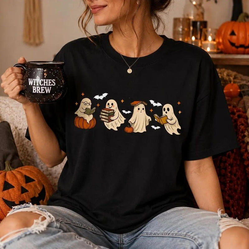 Ghost Reading Book T-Shirt Cute Ghost Book Lover Halloween Bookish Unisex Cute Retro
