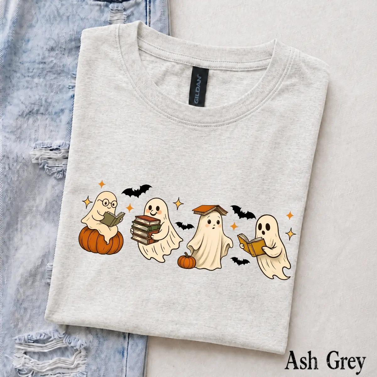Ghost Reading Book T-Shirt Cute Ghost Book Lover Halloween Bookish Unisex Cute Retro
