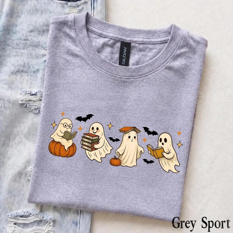 Ghost Reading Book T-Shirt Cute Ghost Book Lover Halloween Bookish Unisex Cute Retro