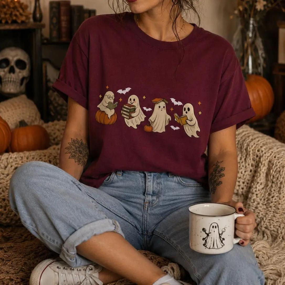 Ghost Reading Book T-Shirt Cute Ghost Book Lover Halloween Bookish Unisex Cute Retro