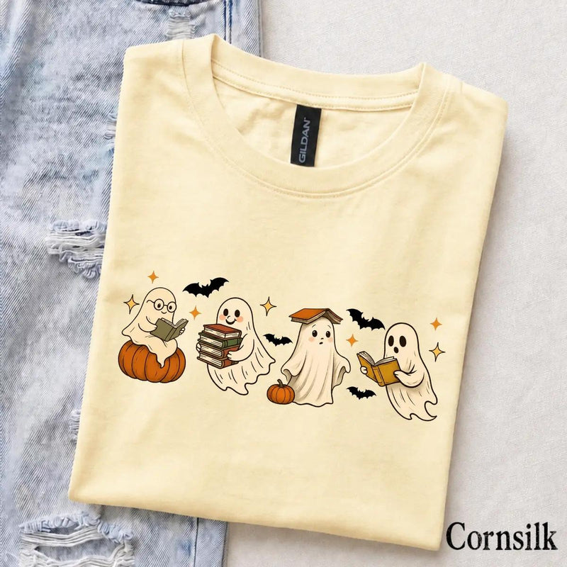 Ghost Reading Book T-Shirt Cute Ghost Book Lover Halloween Bookish Unisex Cute Retro