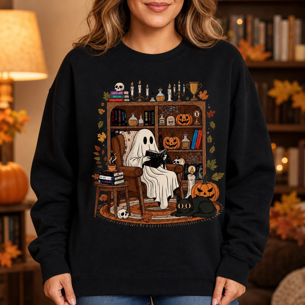 Ghost Reading Halloween Book Lover Sweatshirt Cute Cozy Library Nook Reader Fall Design
