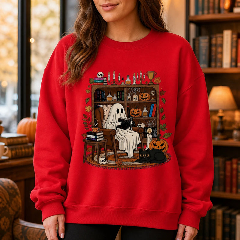 Ghost Reading Halloween Book Lover Sweatshirt Cute Cozy Library Nook Reader Fall Design
