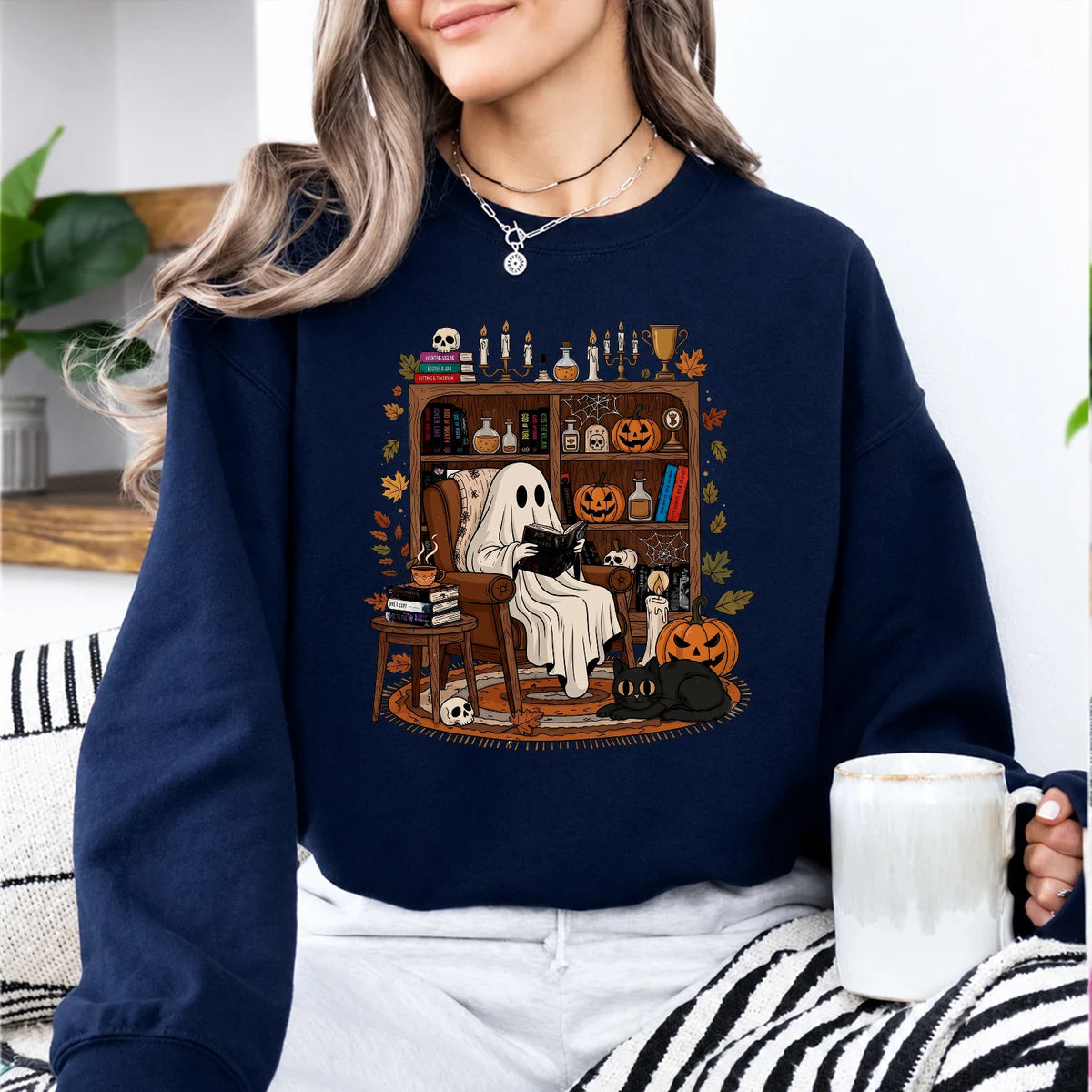 Ghost Reading Halloween Book Lover Sweatshirt Cute Cozy Library Nook Reader Fall Design