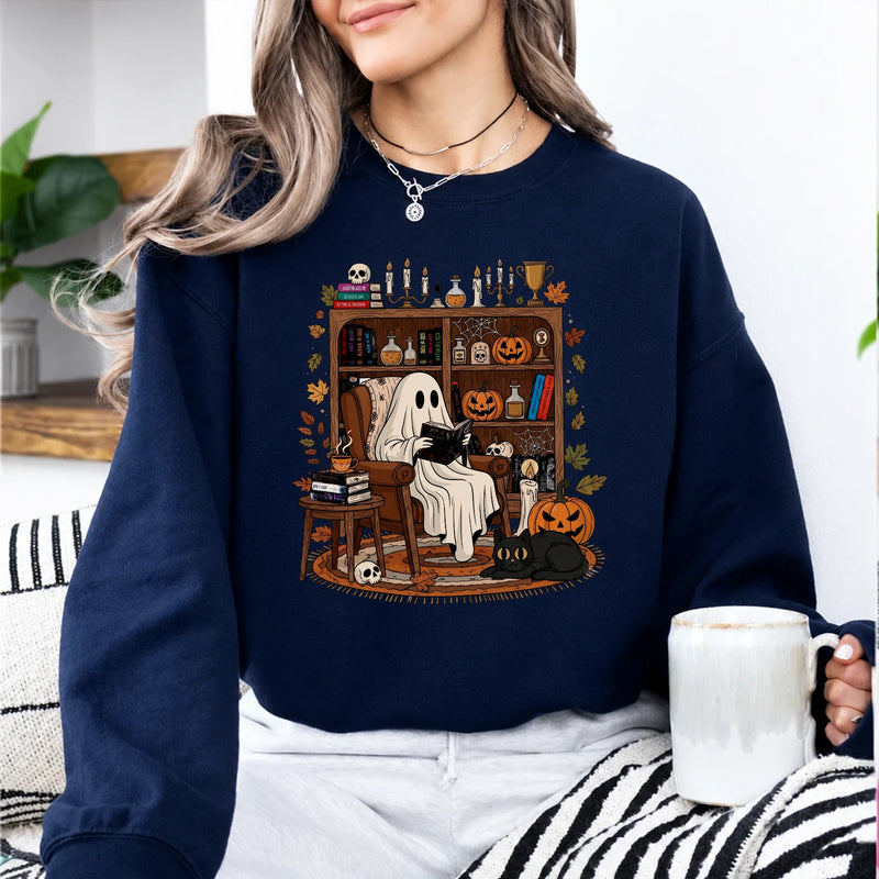 Ghost Reading Halloween Book Lover Sweatshirt Cute Cozy Library Nook Reader Fall Design