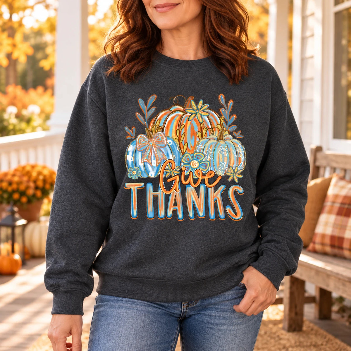 Give Thanks Pumpkin Sweatshirt for Mom, Vintage Floral Thanksgiving Gift