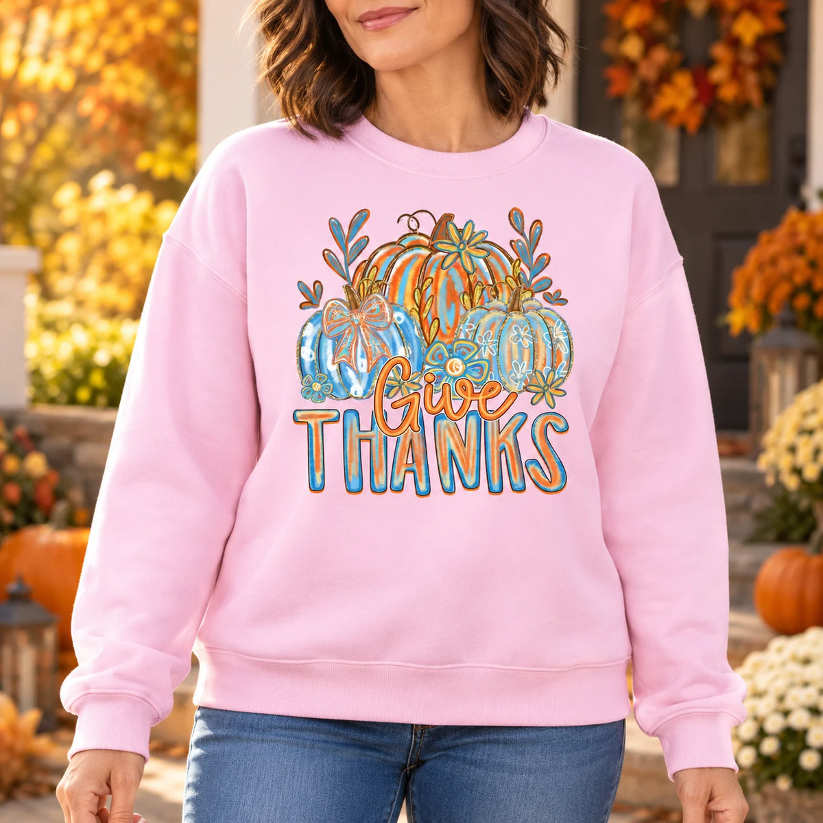 Give Thanks Pumpkin Sweatshirt for Mom, Vintage Floral Thanksgiving Gift