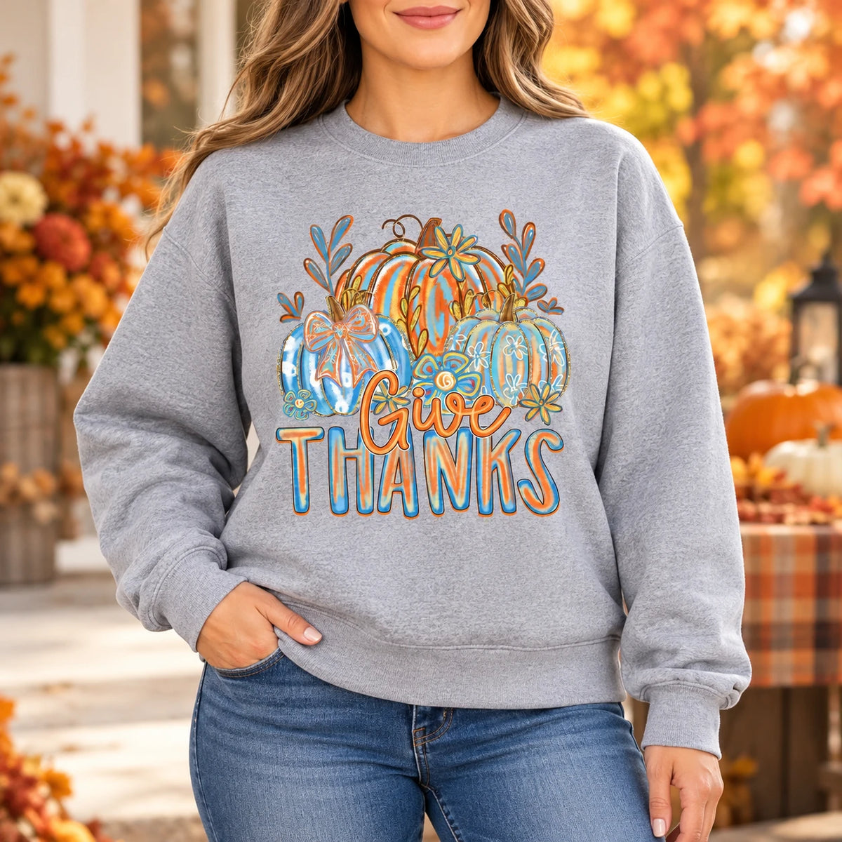 Give Thanks Pumpkin Sweatshirt for Mom, Vintage Floral Thanksgiving Gift