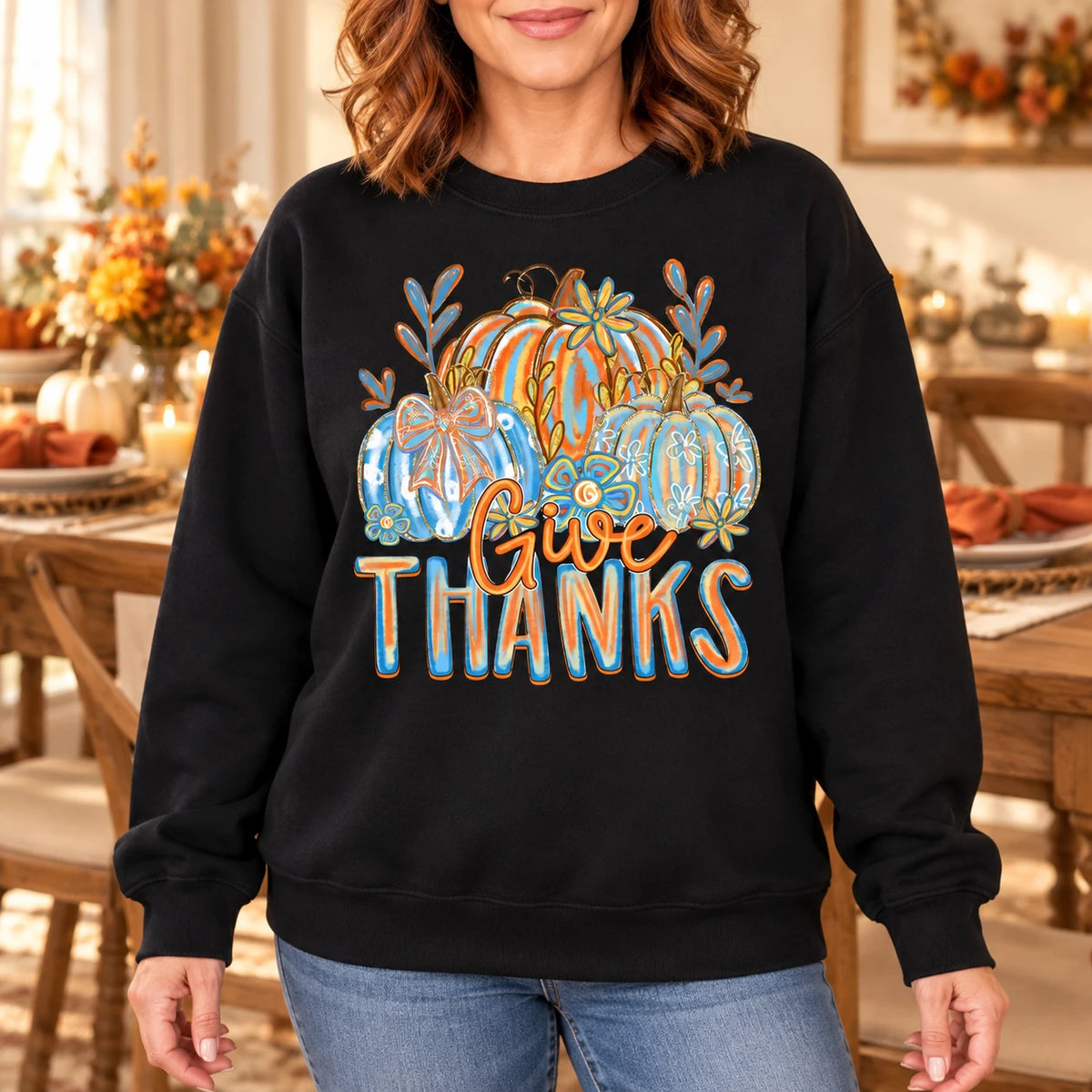 Give Thanks Pumpkin Sweatshirt for Mom, Vintage Floral Thanksgiving Gift