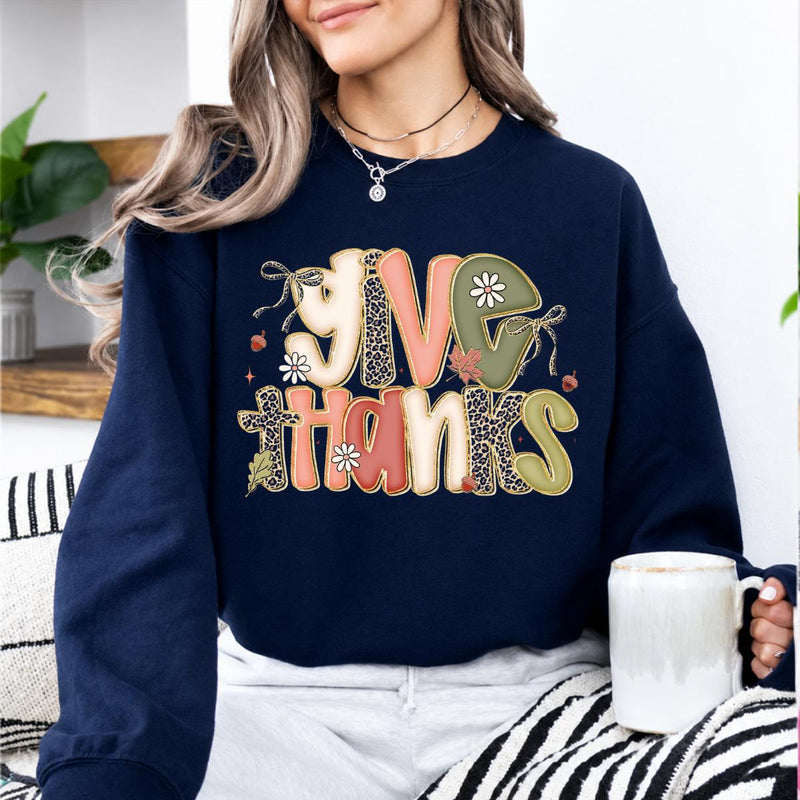 Give Thanks Sweatshirt, Thanksgiving Fall Women Cute Floral Coquette Leopard Design