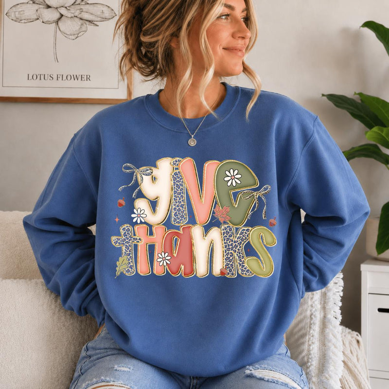 Give Thanks Sweatshirt, Thanksgiving Fall Women Cute Floral Coquette Leopard Design