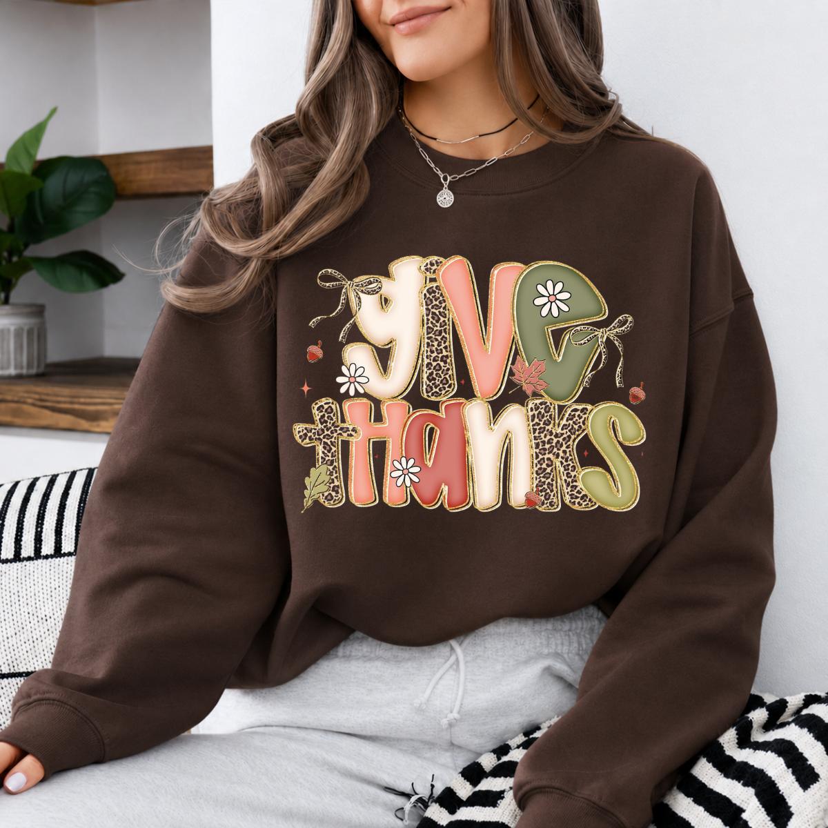 Give Thanks Sweatshirt, Thanksgiving Fall Women Cute Floral Coquette Leopard Design