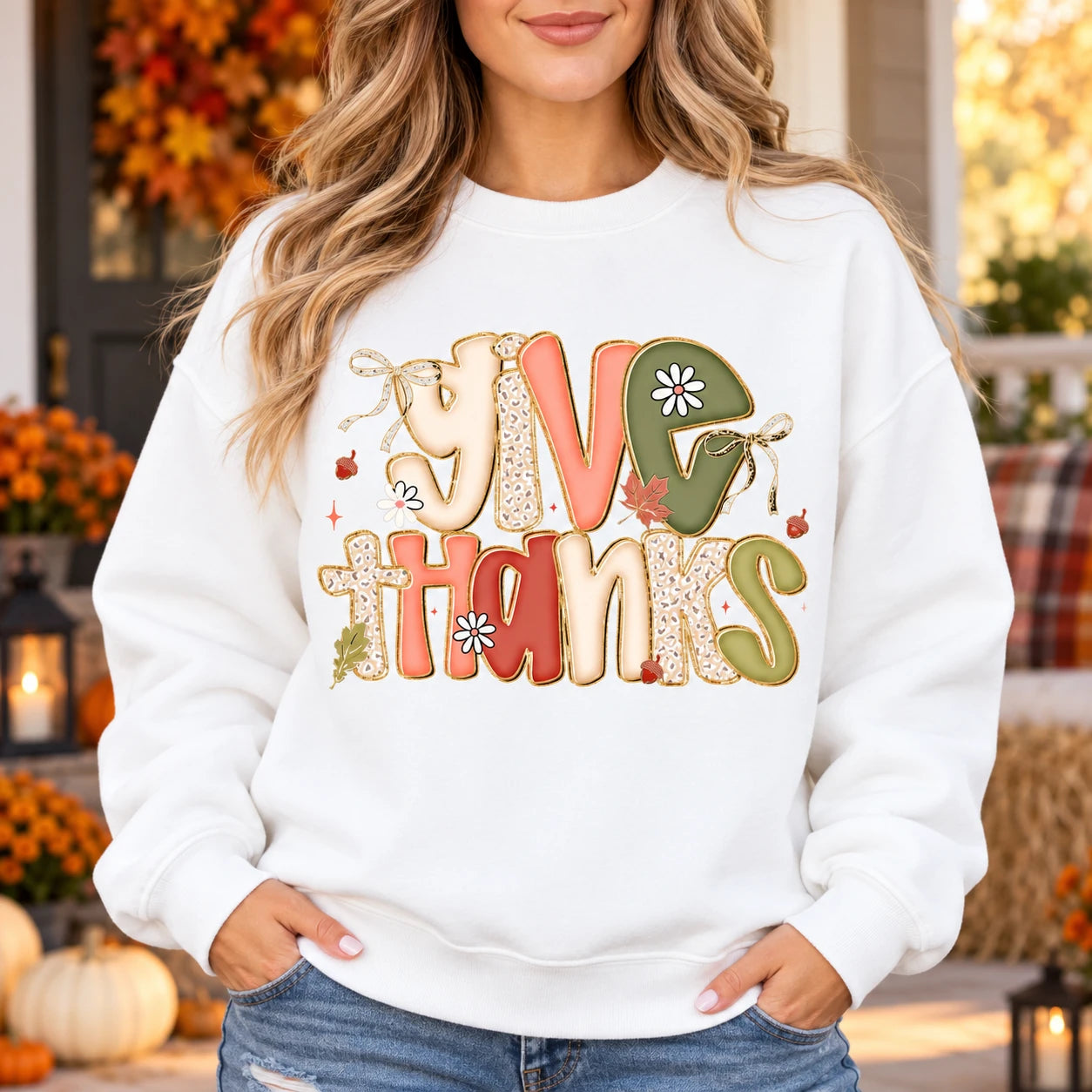 Give Thanks Sweatshirt Thanksgiving Fall Cute Floral Leopard Graphic For Women