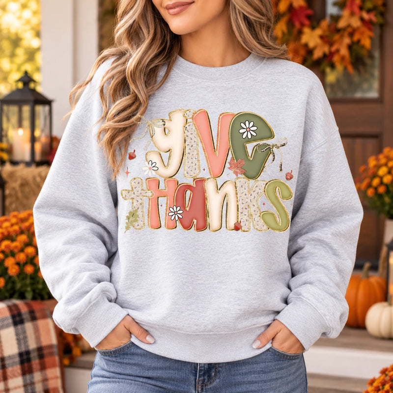 Give Thanks Sweatshirt Thanksgiving Fall Cute Floral Leopard Graphic For Women