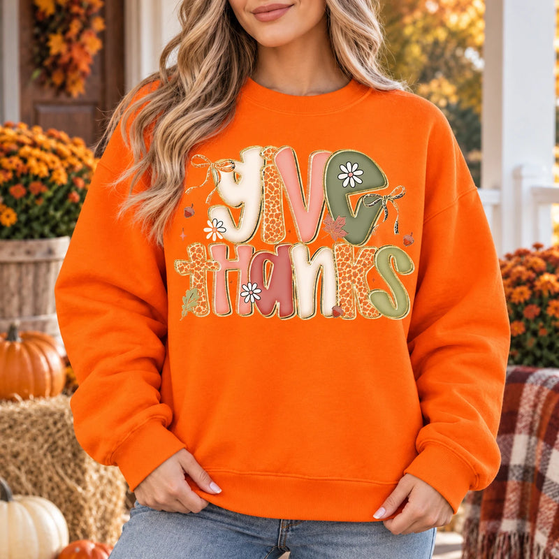 Give Thanks Sweatshirt Thanksgiving Fall Cute Floral Leopard Graphic For Women