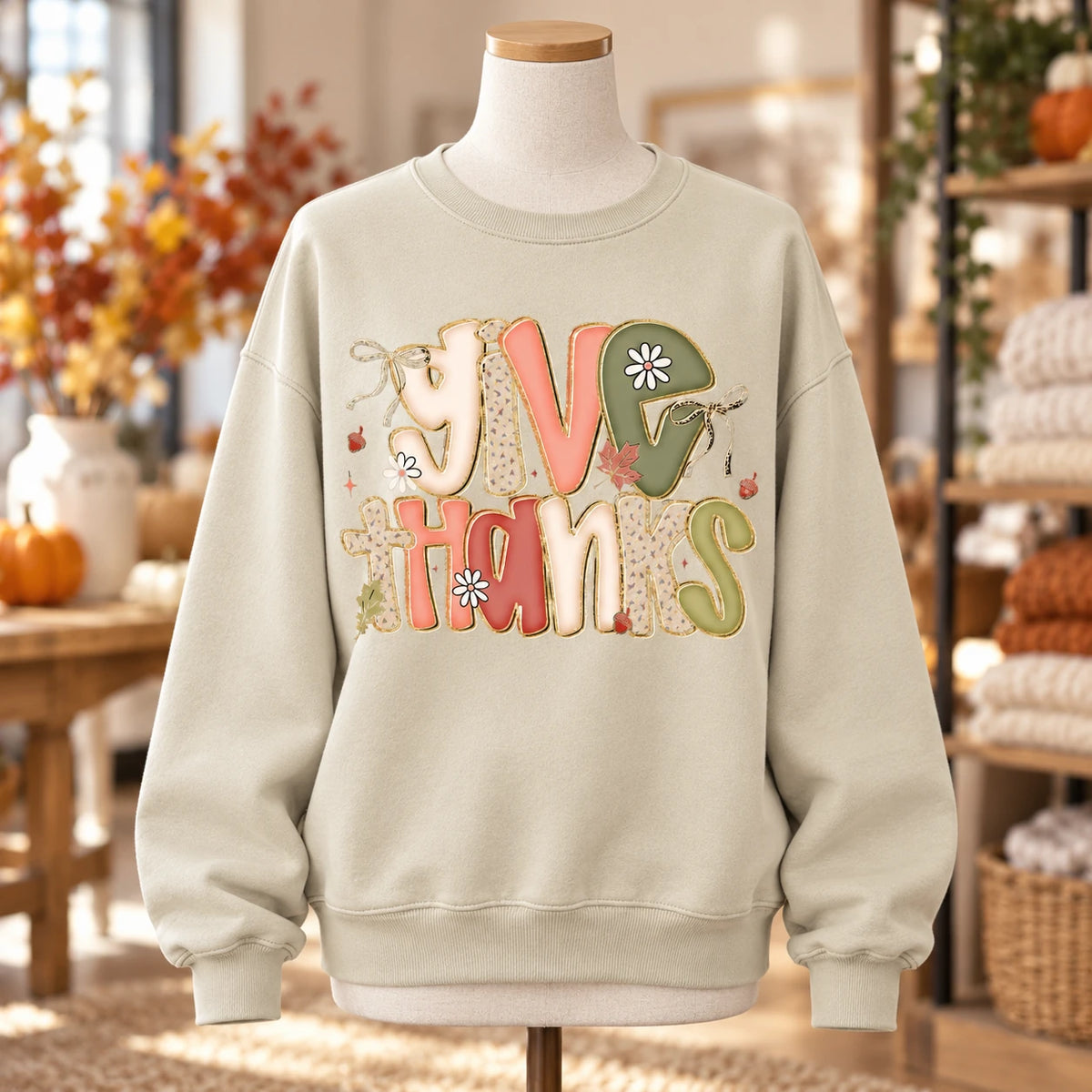 Give Thanks Sweatshirt Thanksgiving Fall Cute Floral Leopard Graphic For Women