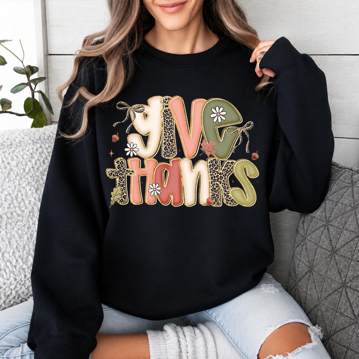 Give Thanks Sweatshirt, Thanksgiving Fall Women Cute Floral Coquette Leopard Design