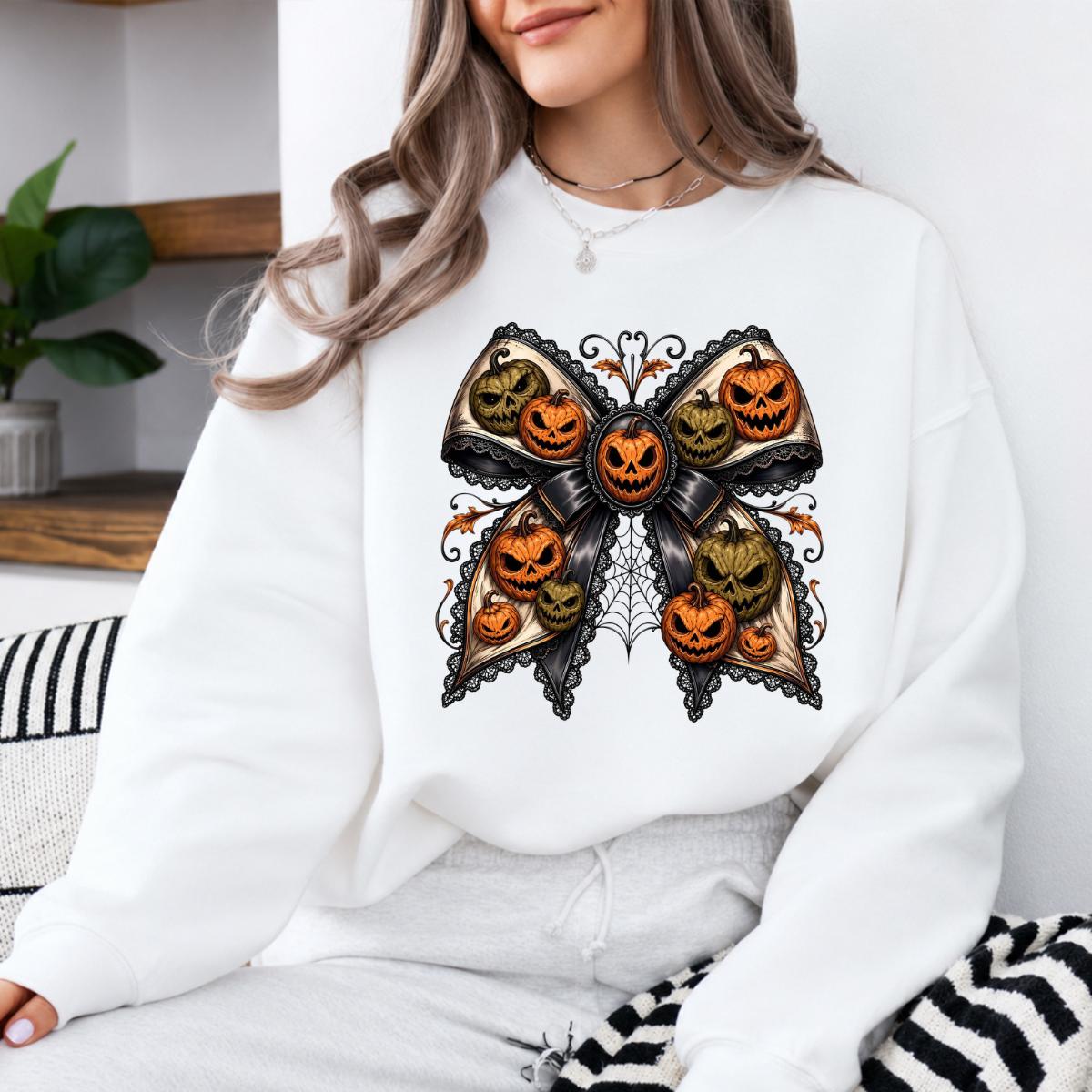 Gothic Halloween Bow Jack O Lantern Sweatshirt and T-Shirt Spooky Fall Women Vintage Coquette