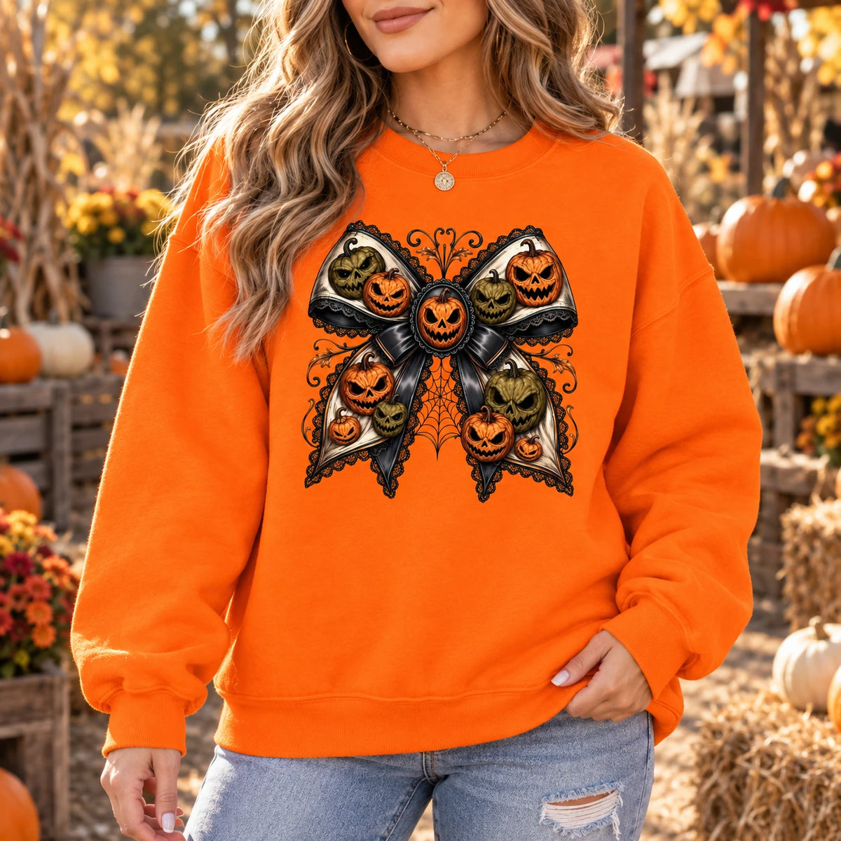 Gothic Pumpkin Bow Halloween Sweatshirt and T-Shirt Vintage Spooky Fall Coquette Jack O Lantern Graphic Top
