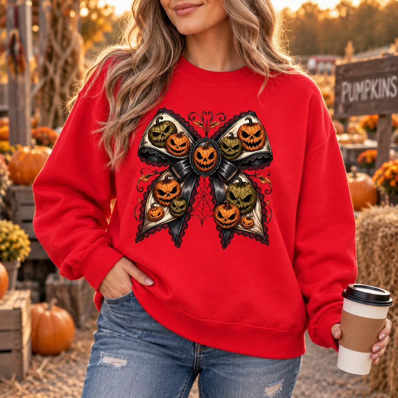 Gothic Pumpkin Bow Halloween Sweatshirt and T-Shirt Vintage Spooky Fall Coquette Jack O Lantern Graphic Top