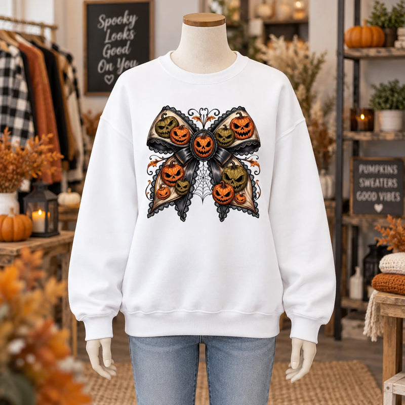Gothic Pumpkin Bow Halloween Sweatshirt and T-Shirt Vintage Spooky Fall Coquette Jack O Lantern Graphic Top