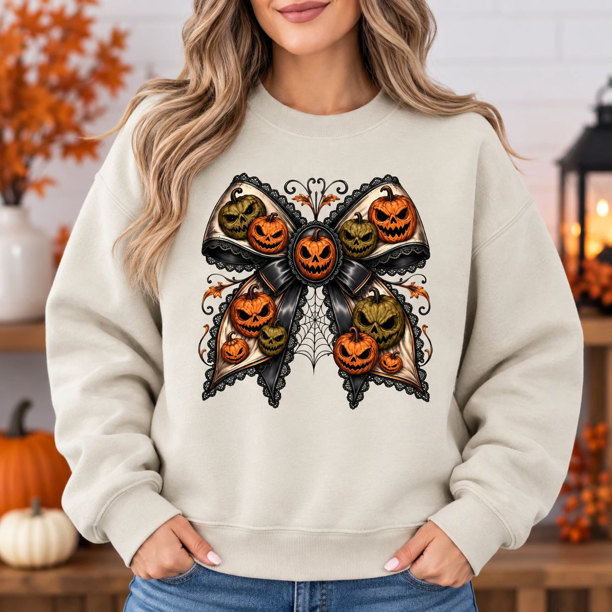 Gothic Pumpkin Bow Halloween Sweatshirt and T-Shirt Vintage Spooky Fall Coquette Jack O Lantern Graphic Top
