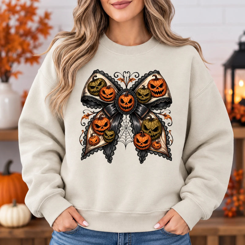 Gothic Pumpkin Bow Halloween Sweatshirt and T-Shirt Vintage Spooky Fall Coquette Jack O Lantern Graphic Top